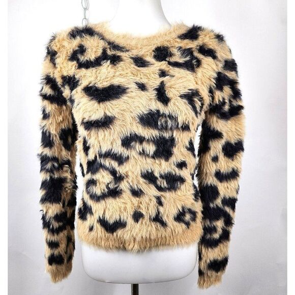 FOR THE REPUBLIC Cheetah Print Fuzzy Faux FurCropped Crewneck Sweater sz S $88 - Picture 1 of 5